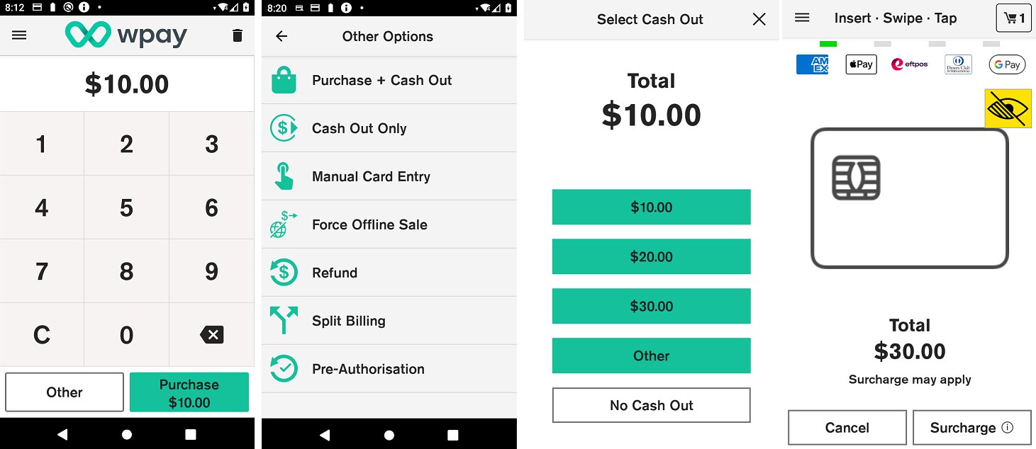 Cash out options screens
