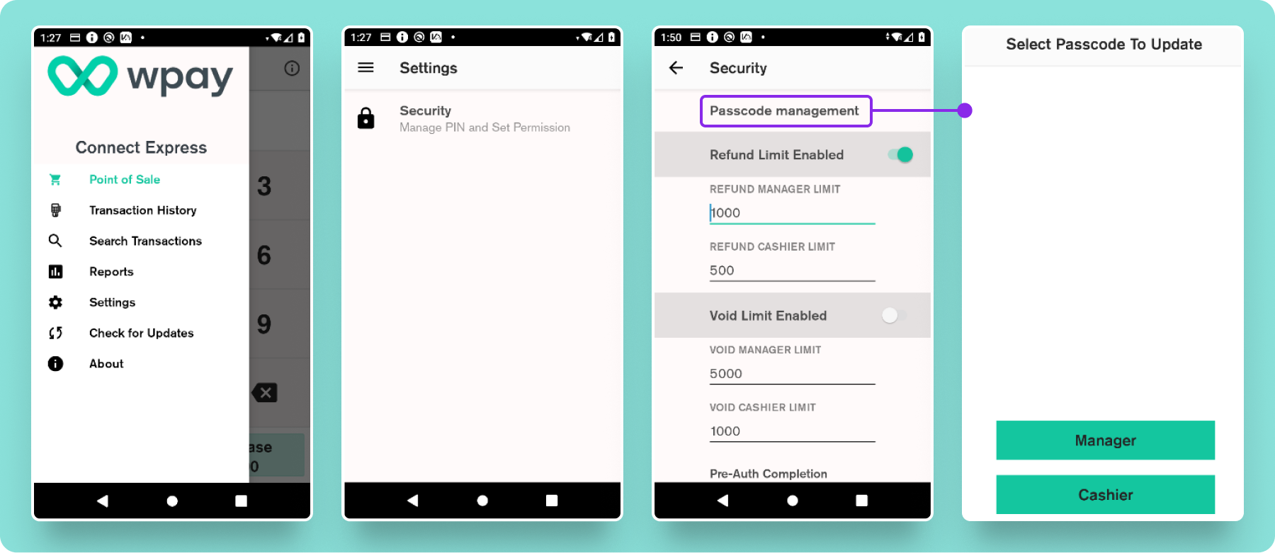 Open ‘Connect Express’, settings, security, cashier/ manager passcode