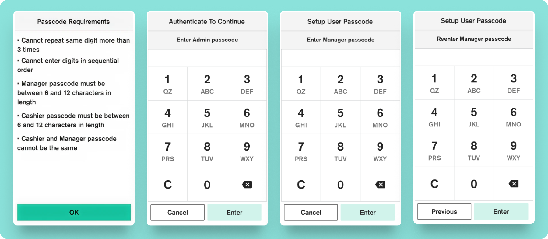 Passcode parameters, setup of manager/ user passcodes