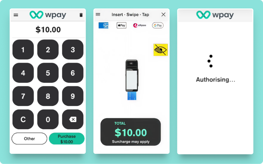 Manual PIN pad purchase amount, card option instructions and authorising a purchase