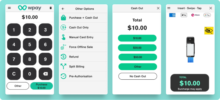 Purchase with option for cash out amounts and instructions for presenting a card