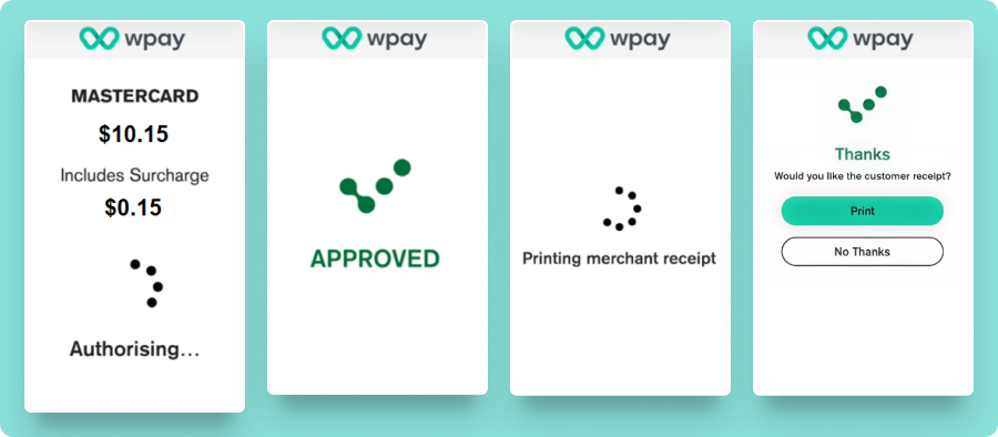 Total, PIN pad, authorising, approval, printing of receipt