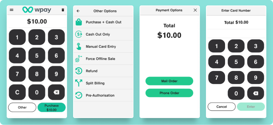 MOTO payment, amount, options, total and card details entry PIN pad