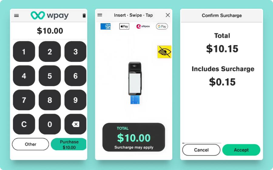 Purchase PIN pad card instructions, total with surcharge displayed to accept/ cancel