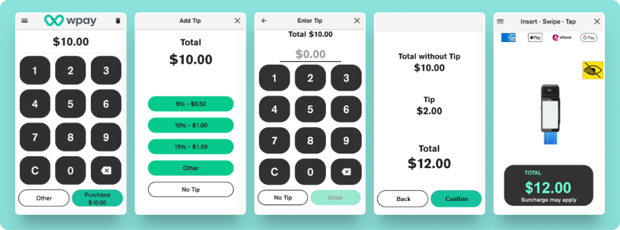 Purchase with tip options, total and card presentation instructions