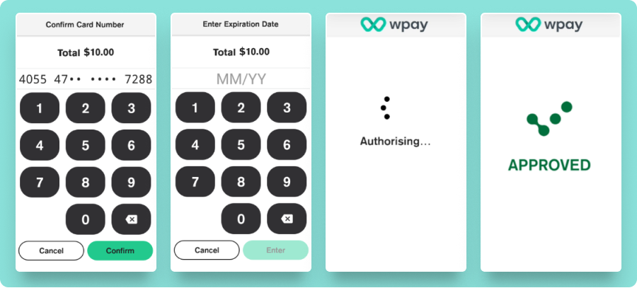 MOTO purchase card confirmation, expiry date PIN pad, authorising and approved