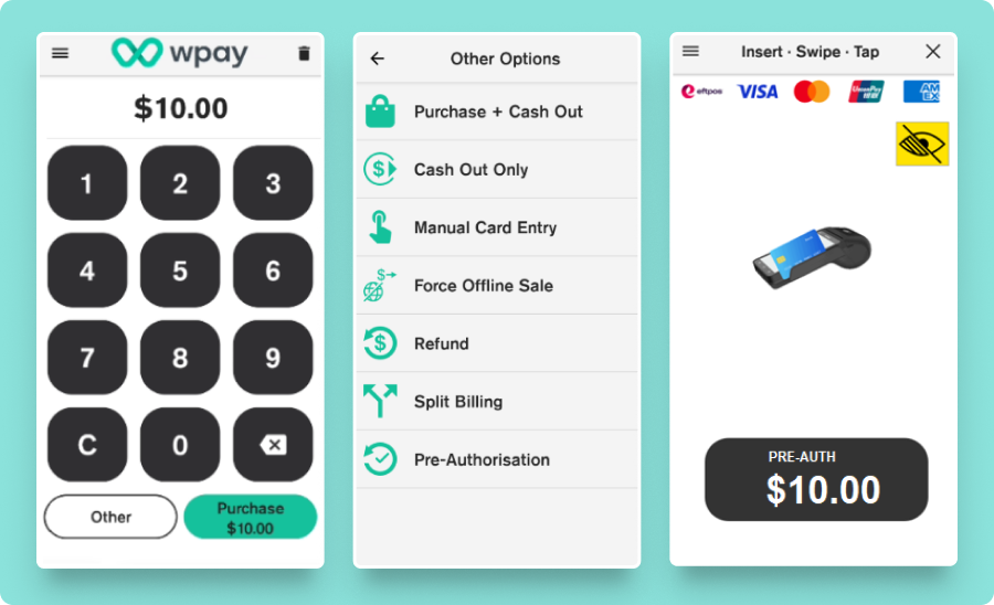 Pre-authorisation PIN pad, options card options for amount pre-authorised