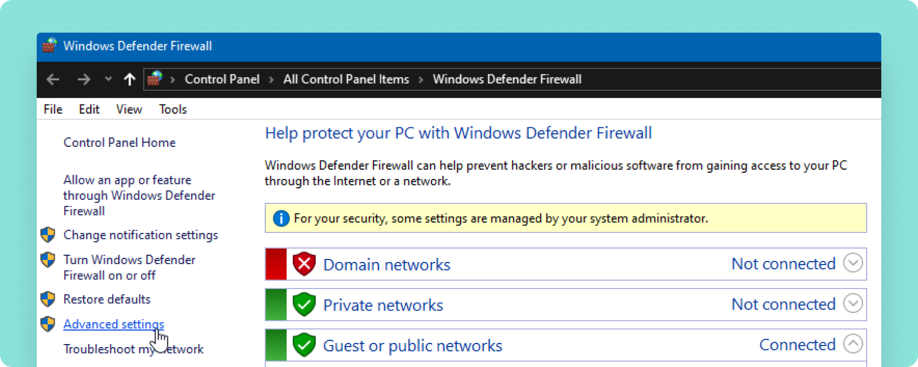 Windows Defender firewall settings